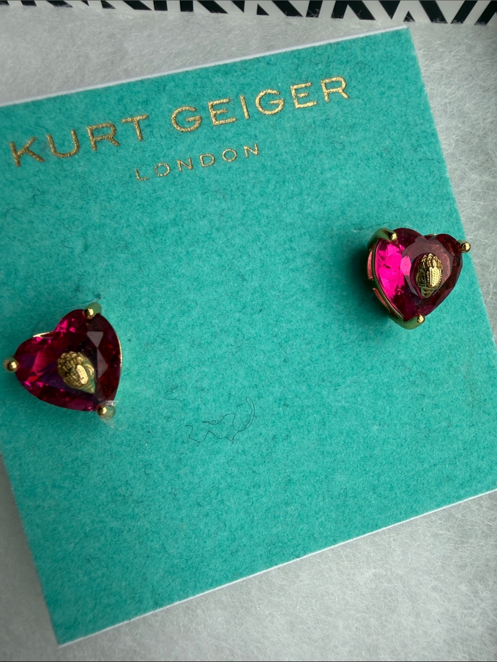 Kurt Geiger Hot Pink Heart Crystal Stud Earrings with Gold Accents - Picture 2 of 3